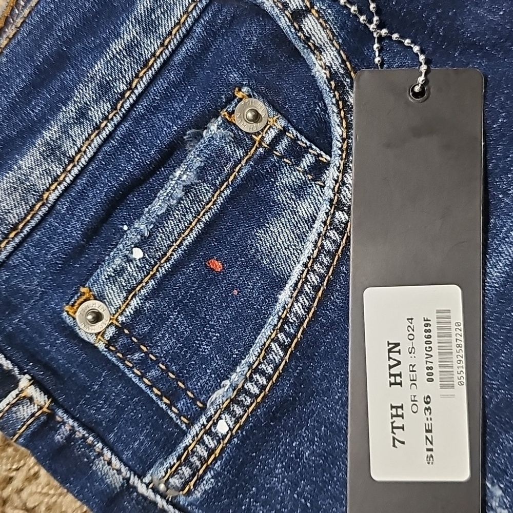 NWT 7TH HVN Jean Shorts Distressed Paint Stretch Blue Denim 36 Jorts Stretch - Picture 4 of 9